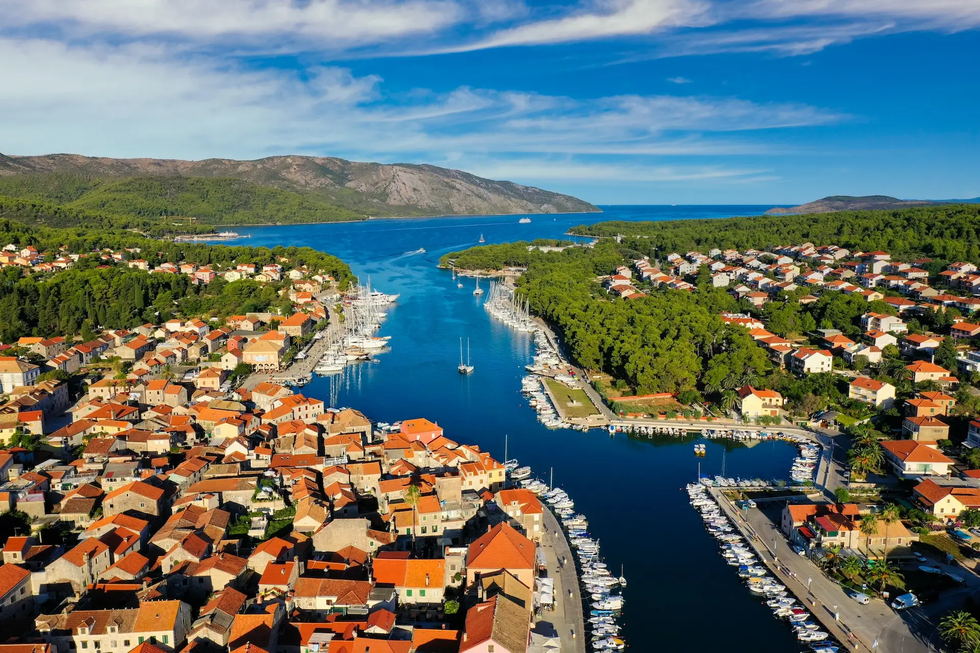 Aerial sunset view of Stari Grad, a town at Hvar island, Croatia