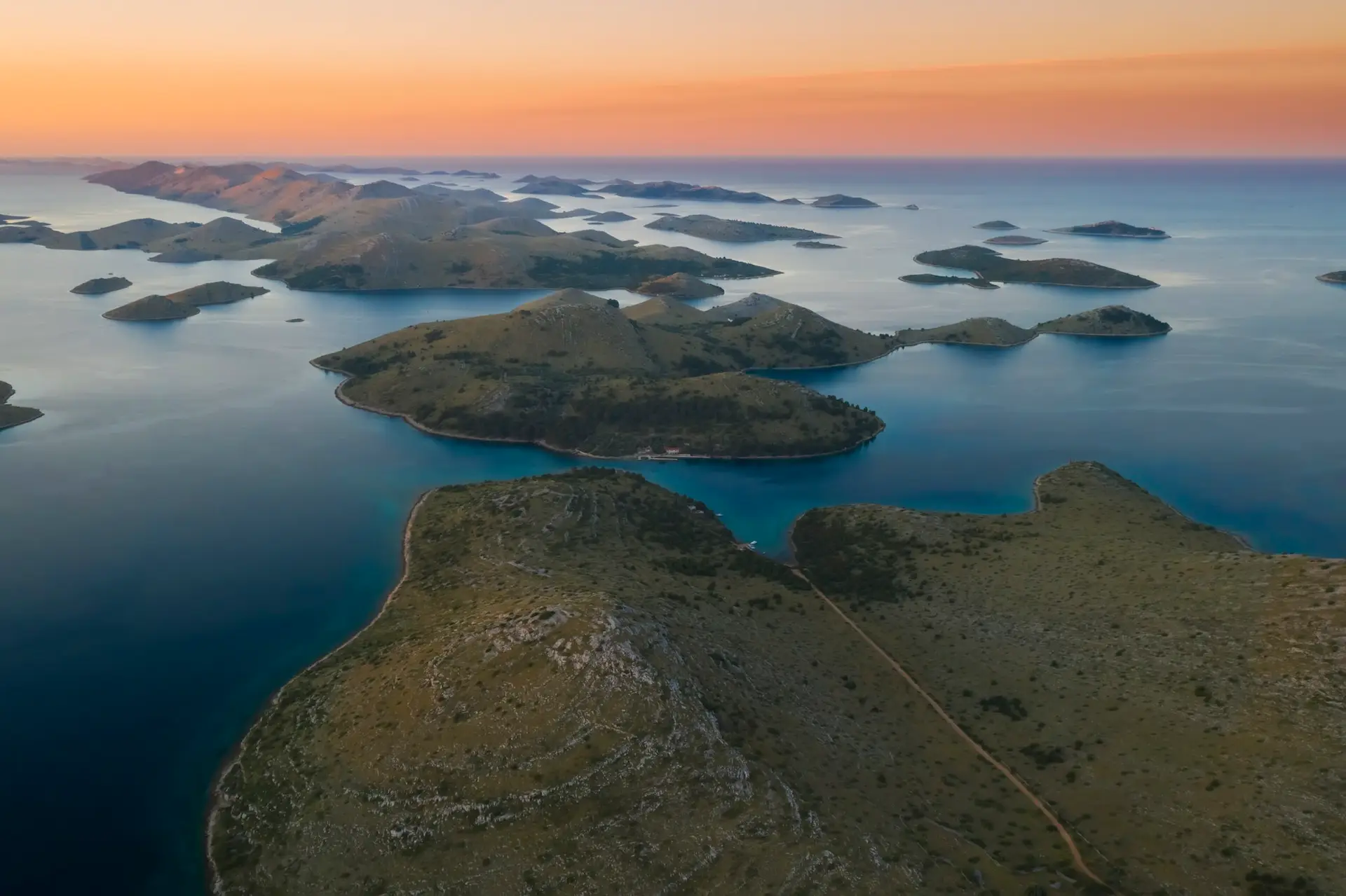 Aerial view of Kornati island archipelago at sunrise. Kornati National Park, Croatia