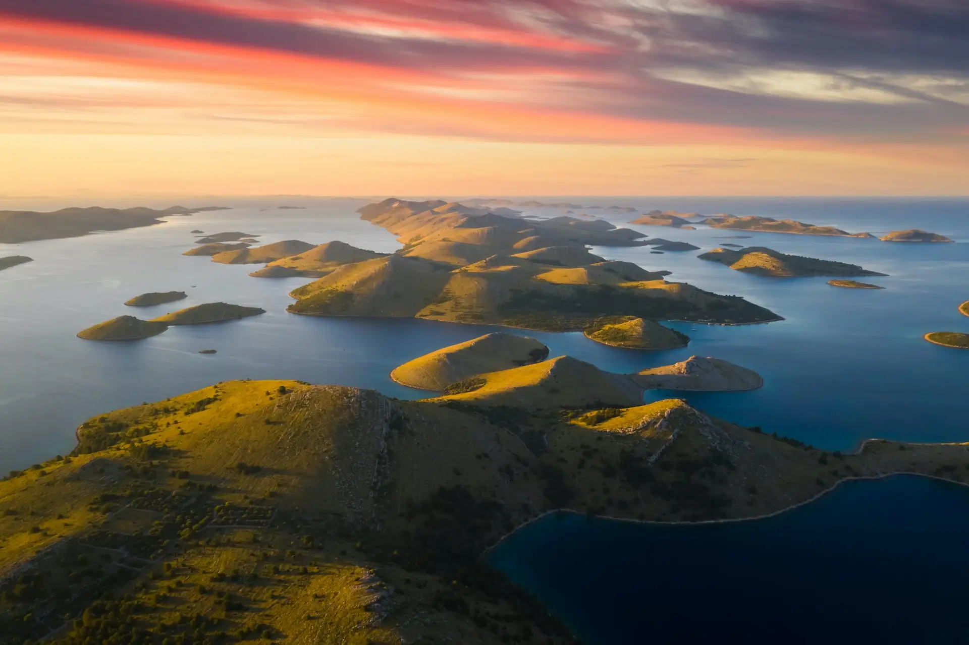 Aerial view of Kornati island archipelago at sunrise. Kornati National Park, Croatia