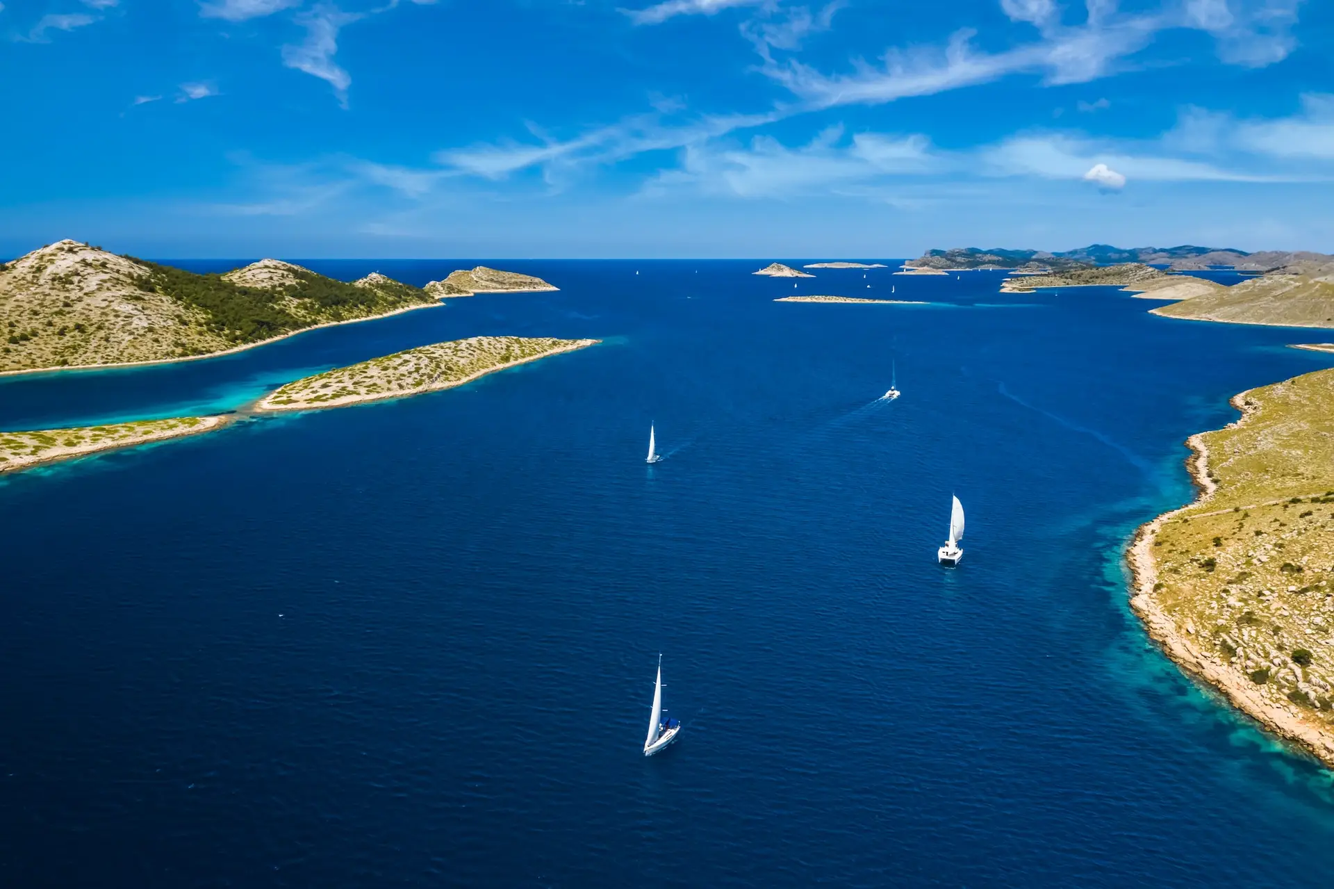 Aerial view of Kornati island archipelago at sunrise. Kornati National Park, Croatia