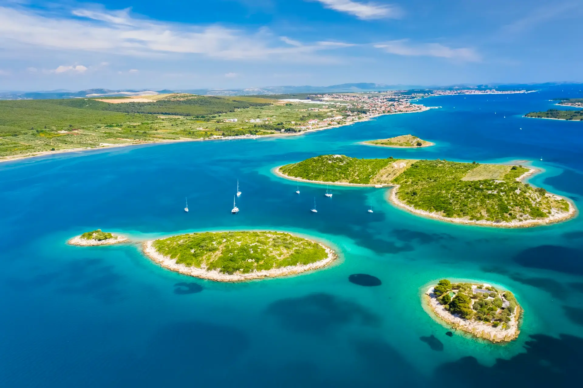 Aerial view of Kornati island archipelago at sunrise. Kornati National Park, Croatia