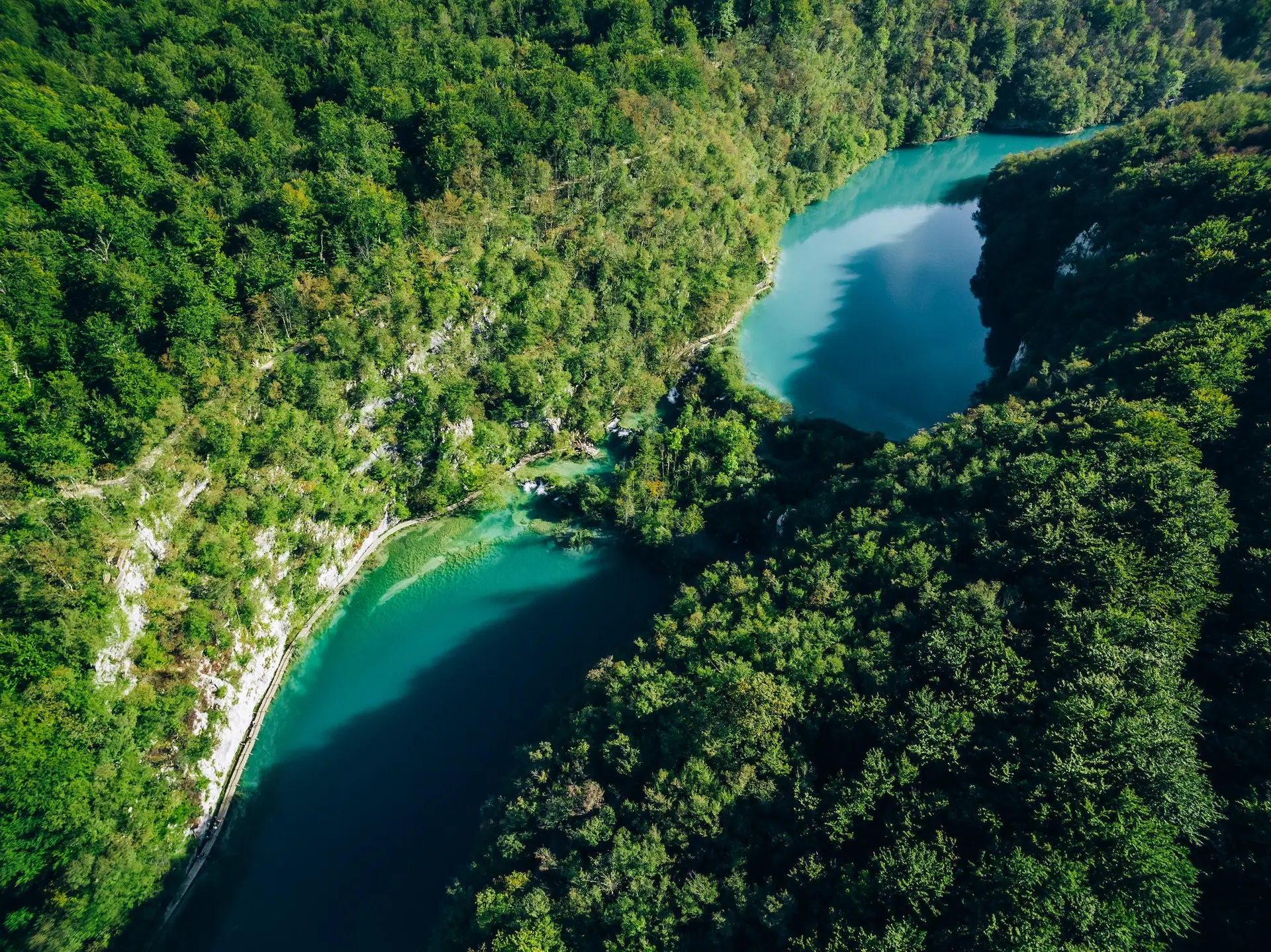 Aerial view of Plitvice national park waterfalls, Croatia