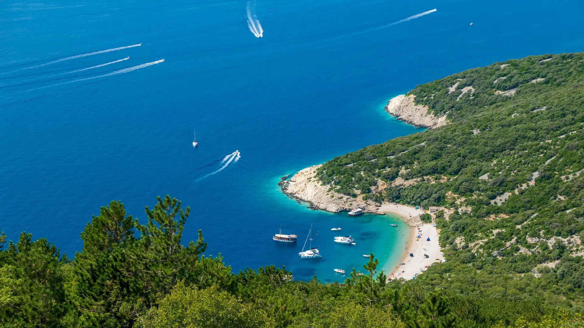 High angle seascape image of amazing beach in Lubenice, Cres, Croatia.