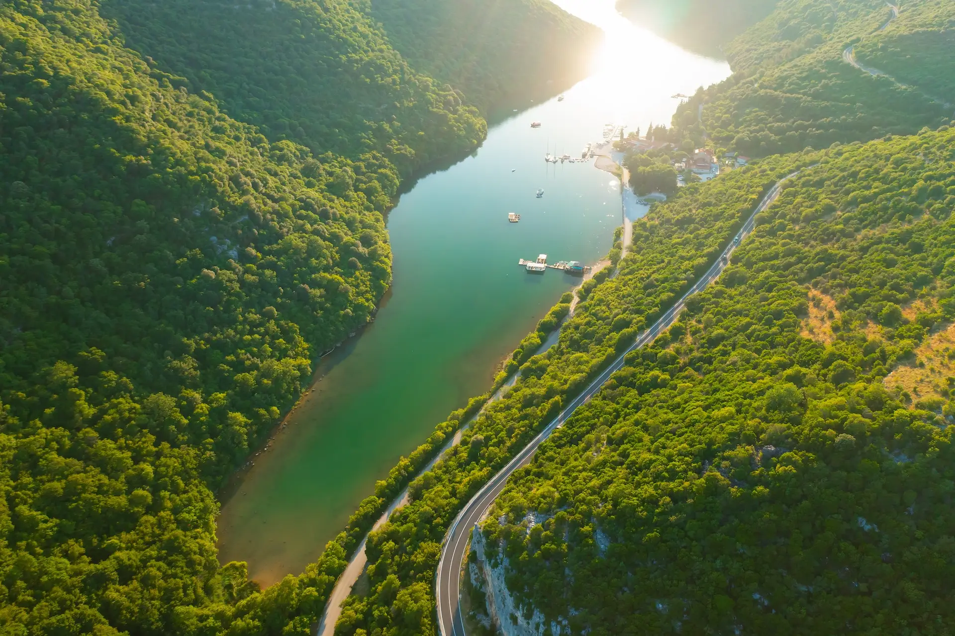 Lim bay in Istria with oyster farm between mountains