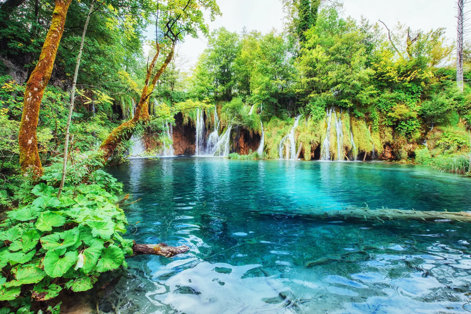 Waterfalls in national park falling into turquoise lake. Plitvice, Croatia